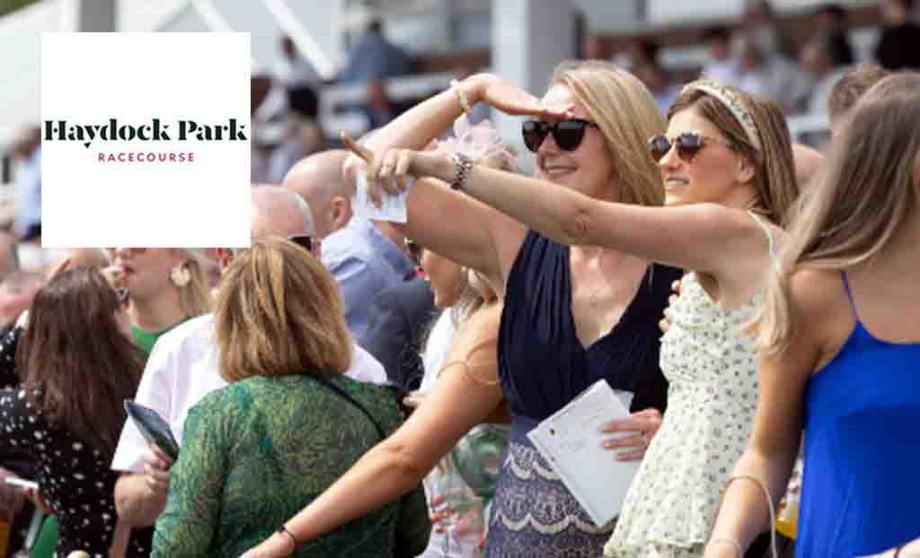 haydock park logo placed over an image of two women in a crowd pointing over to a field 
