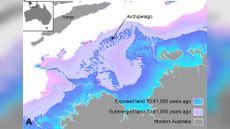Sea level changes shown as exposed land and unexposed land on map of Australian northwest continental shelf.