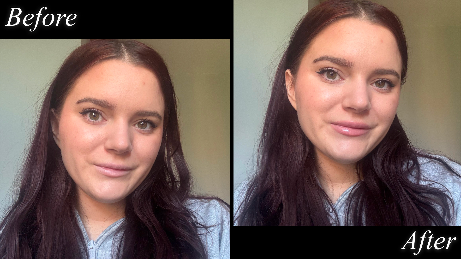 split image of brooke knappenberger testing merit beauty shade slick in pointelle with before and after text on black background