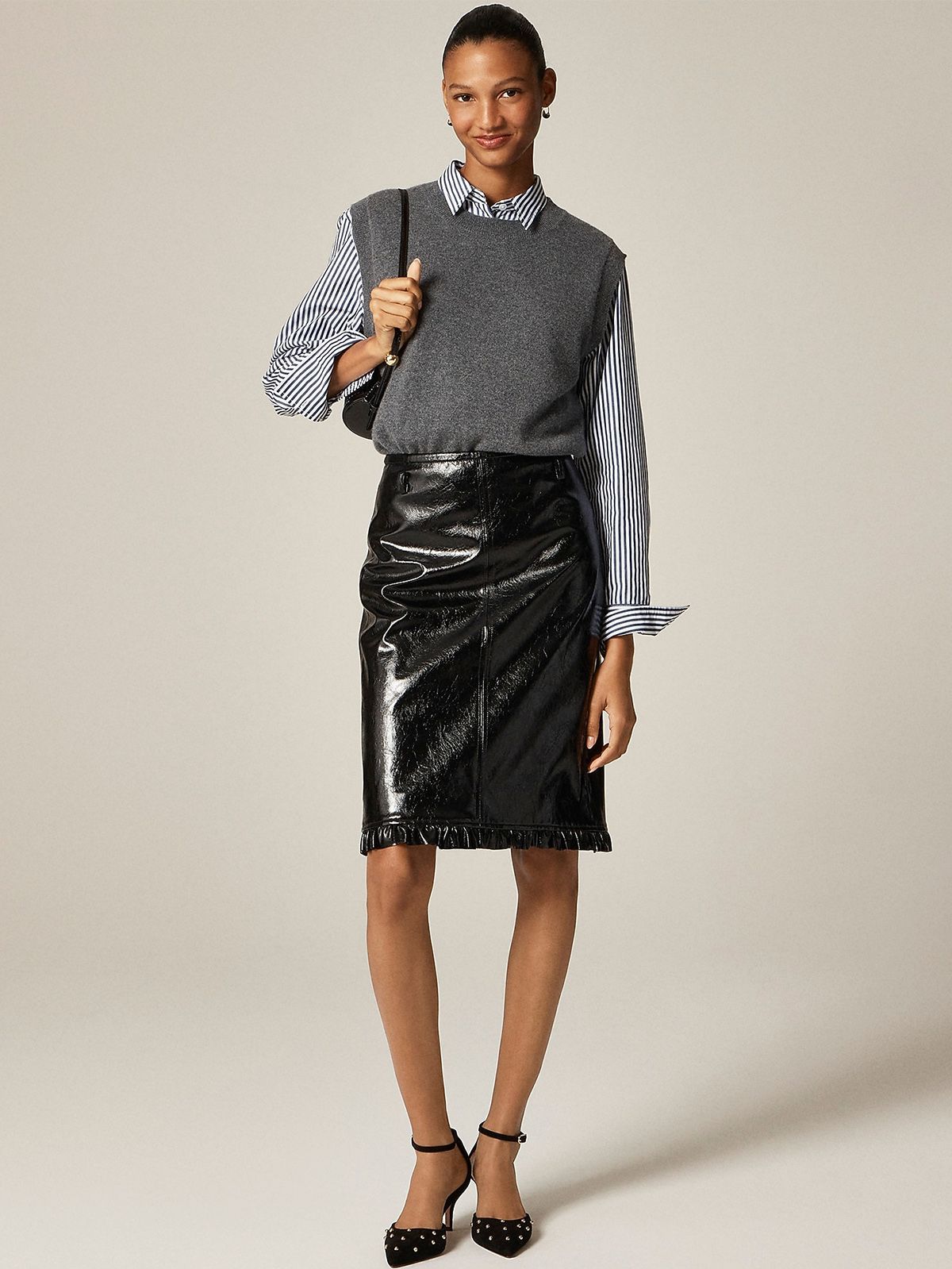 Ruffle-Trim Pencil Midi Skirt in Faux Leather