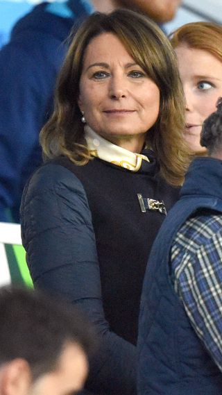 Carole Middleton wears a quilted jacket as she attends the England v Australia match during the Rugby World Cup 2015 on October 3, 2015