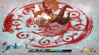 A screenshot of Towa and the Guardians of the Sacred Tree. A hulking quadrupedal beast with thick black tails stands on a red rune painted onto stone like blood.