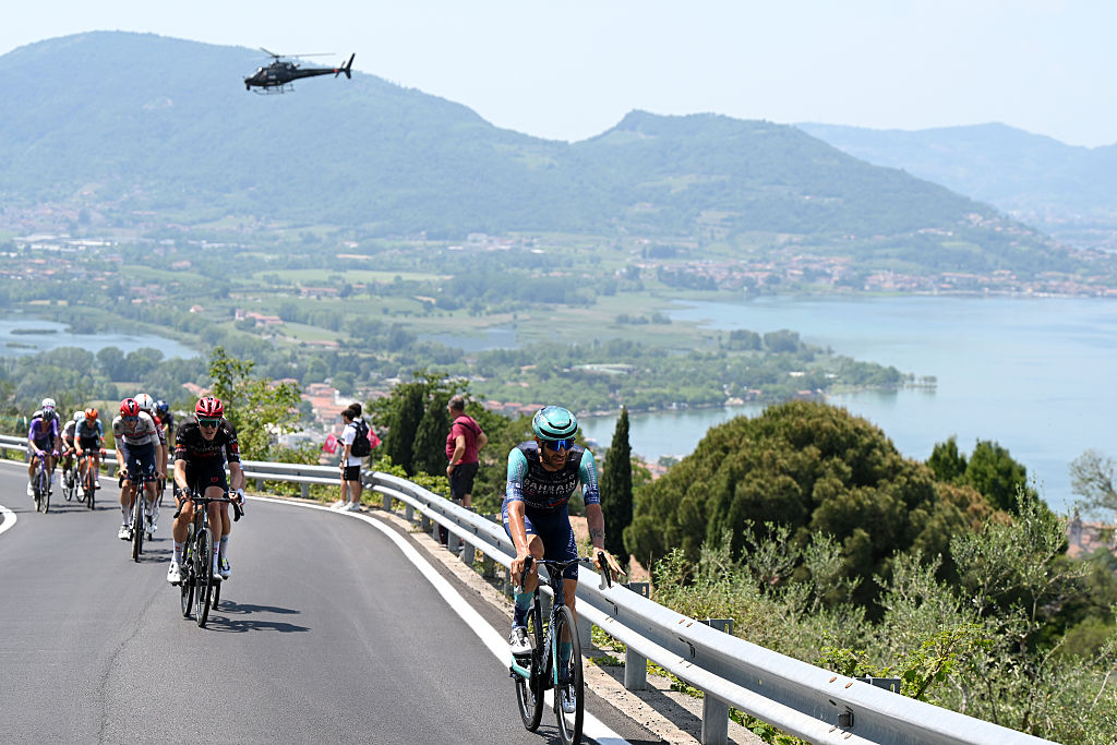 ANDALO , ITALY - MAY 27: Damiano Caruso of Italy and Team Bahrain - Victorious attacks in the chase group during the 109th Giro d&amp;amp;apos;Italia 2026, Stage 17 a 202km stage from Cassano d&amp;amp;apos;Adda to Andalo 1012m / #UCIWT / on May 27, 2026 in Andalo Valtellino, Italy. (Photo by Dario Belingheri/Getty Images)
