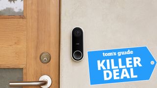 google nest hello on beige wall with deal tag
