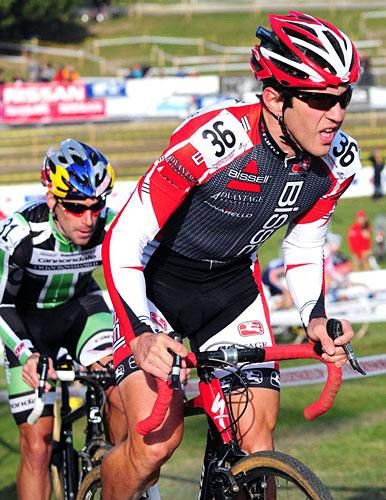 Andy Jacques-Mayne (Bissel Pro Cycling) leading the race up the hill.