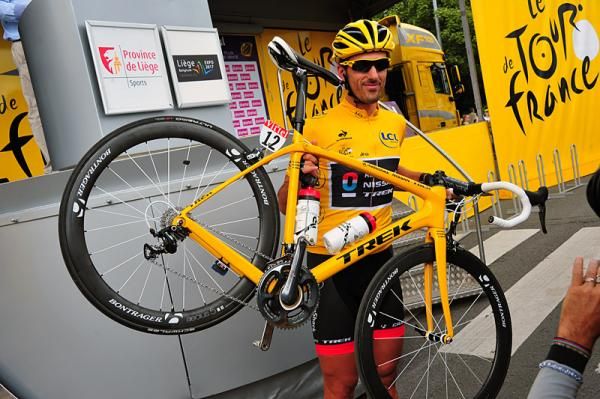 Fabian Cancellara (RadioShack-Nissan) shows off his new, yellow Trek Domane prepared for the Swiss rider's first stage in the leader's jersey.