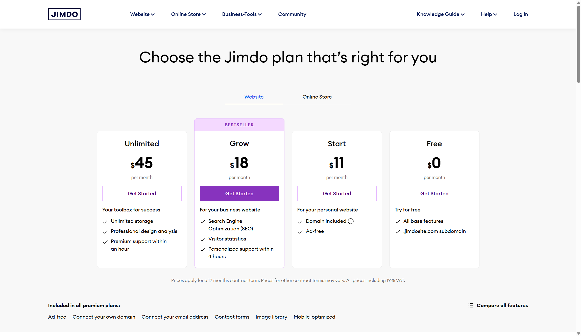 Jimdo pricing
