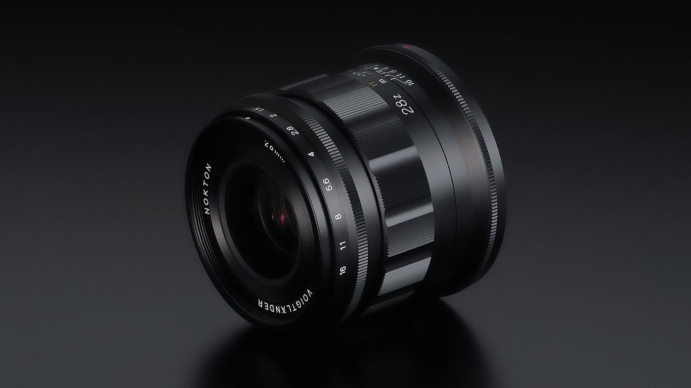 Voigtlander Nokton 28mm f/1.5 Aspherical lens on a black background