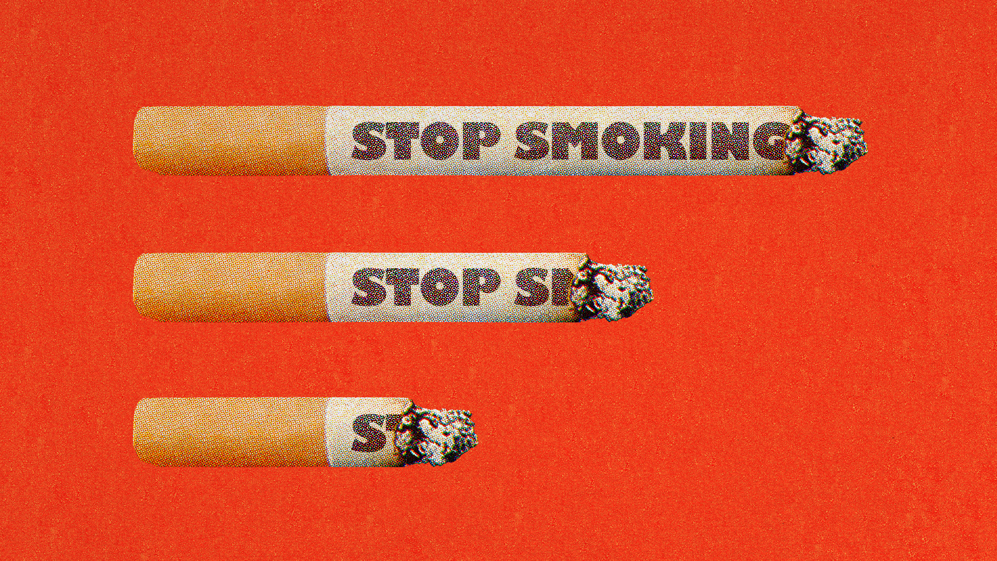 Illustrative collage of three cigarettes, each shorter than the last, with "STOP SMOKING" written on them. As they get shorter, the slogan becomes illegible.