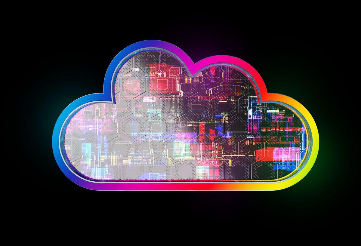 Cloud security concept image showing a digital-style cloud with integrated circuit board and CPU symbols.