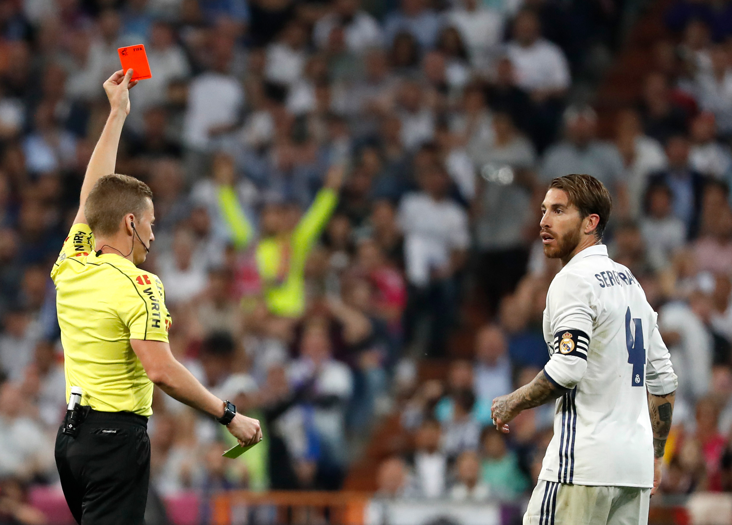 Sergio Ramos is sent off while playing for Real Madrid against Barcelona in 2017