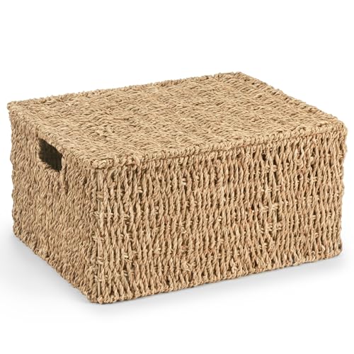 Woodluv Storage Boxes With Lids, Storage Baskets With Lids, Woven Natural Seagrass, Storage Baskets for Shelves, Gift Hamper Basket, Extra Large