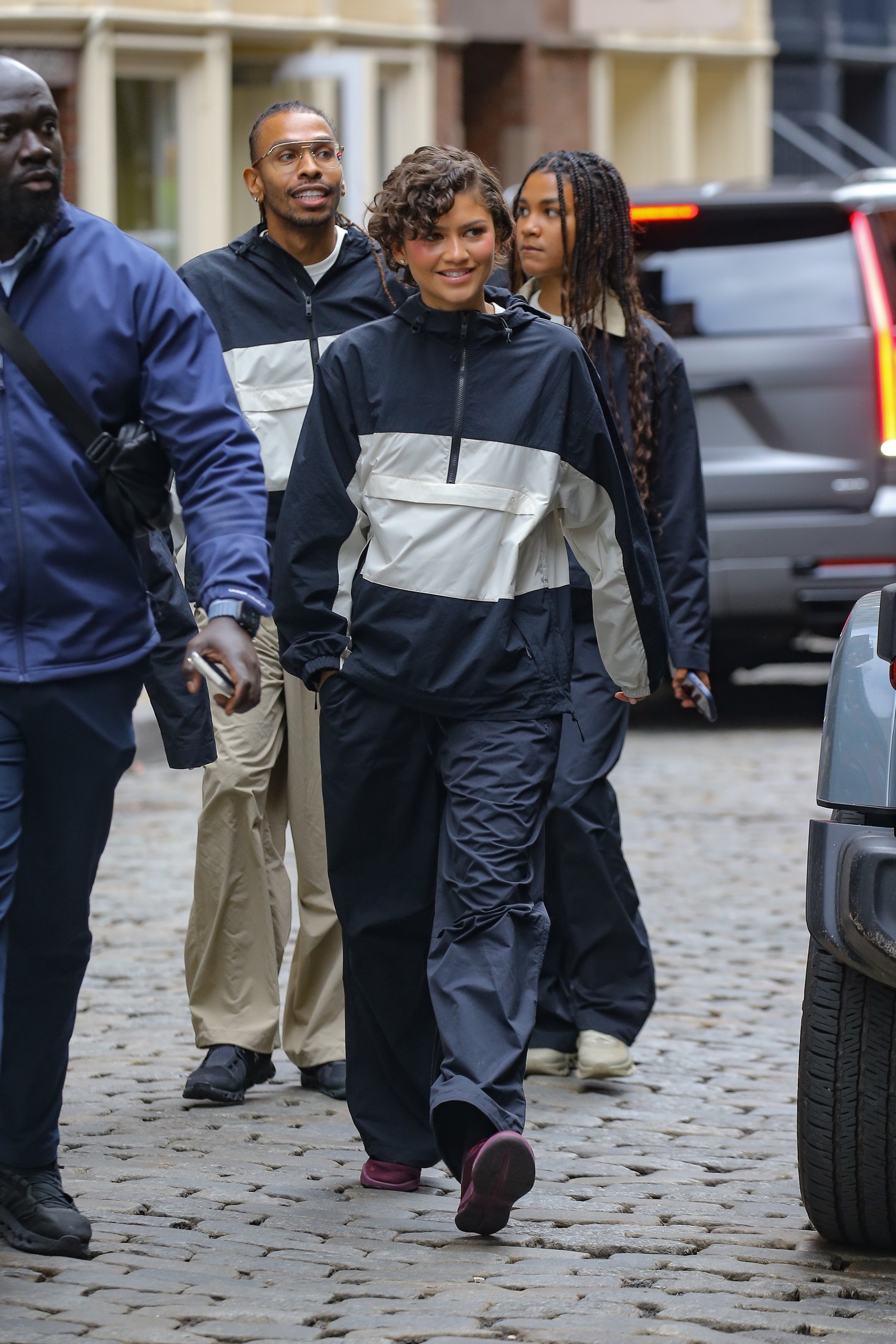 Zendaya wore the windbreaker trend while filming an On campaign in New York City