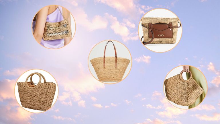 Straw bags from ZARA/ ASOS/ Whistles/ Dune/ Amazon and Mango in a cloudy sky Future template