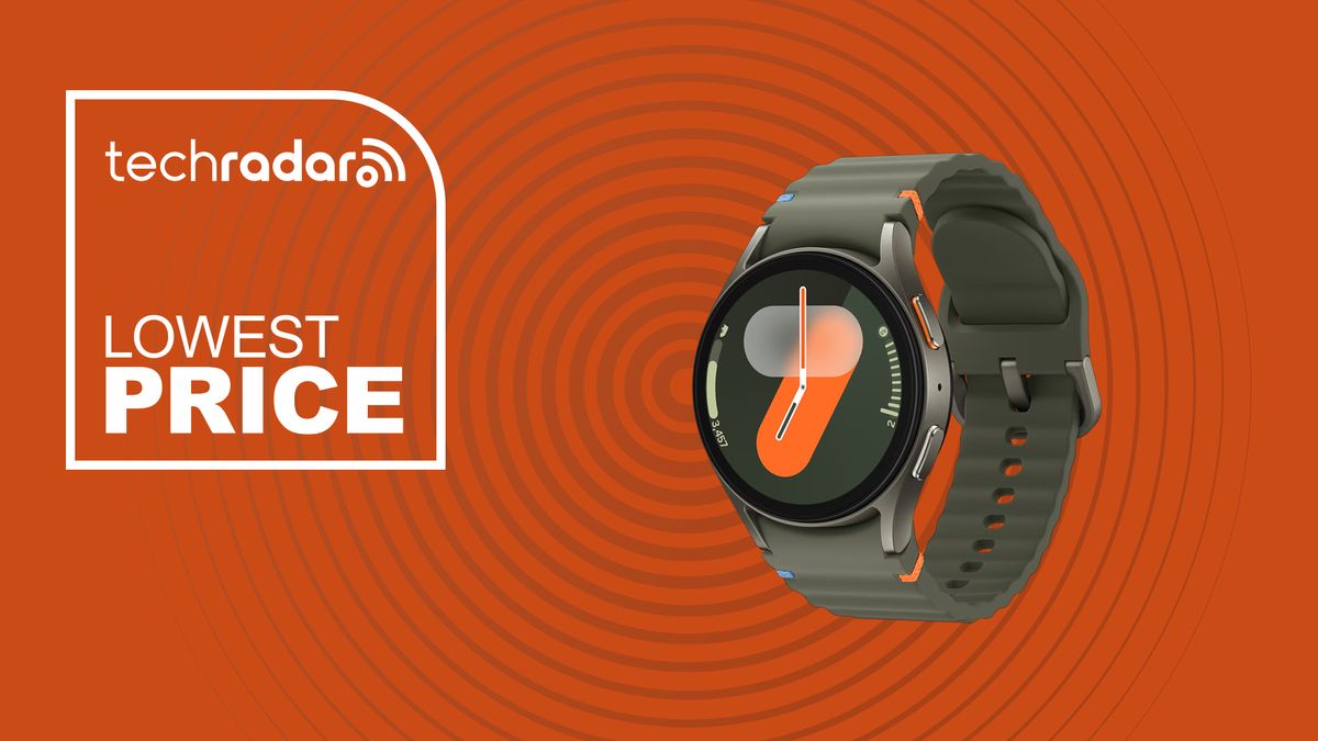 galaxy watch 7 on an orange background with the text lowest price 