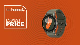 galaxy watch 7 on an orange background with the text lowest price 