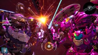 Ash and the player clash blades in Daemon X Machina: Titanic Scion, a QTE prompt in the middle of the screen