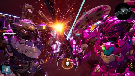 Ash and the player clash blades in Daemon X Machina: Titanic Scion, a QTE prompt in the middle of the screen