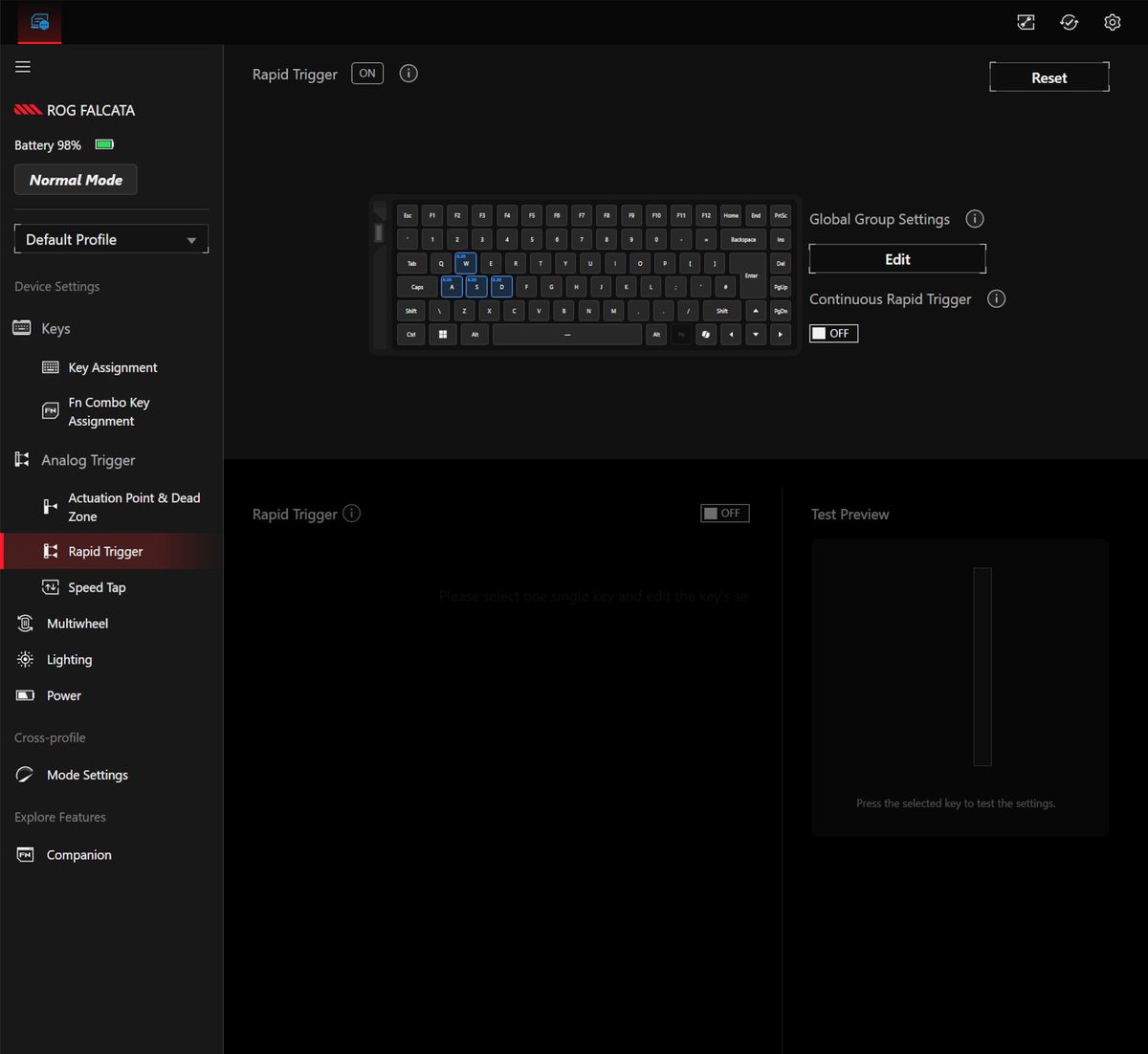 A screenshot of the Asus Gear Link peripheral control software, showing some of the settings for the Asus ROG Falcata gaming keyboard