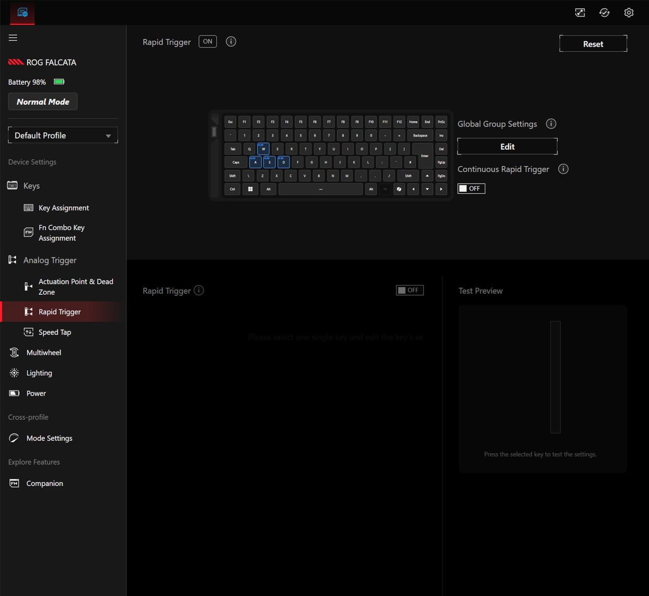 A screenshot of the Asus Gear Link peripheral control software, showing some of the settings for the Asus ROG Falcata gaming keyboard