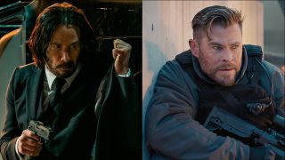 Keanu Reeves in John Wick: Chapter 4 and Chris Hemsworth in Extraction 2, pictured side-by-side with each holding guns.
