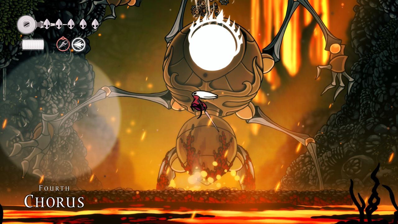 The mechanical Fourth Chorus boss in Hollow Knight: Silksong attacks as Hornet strikes at its head
