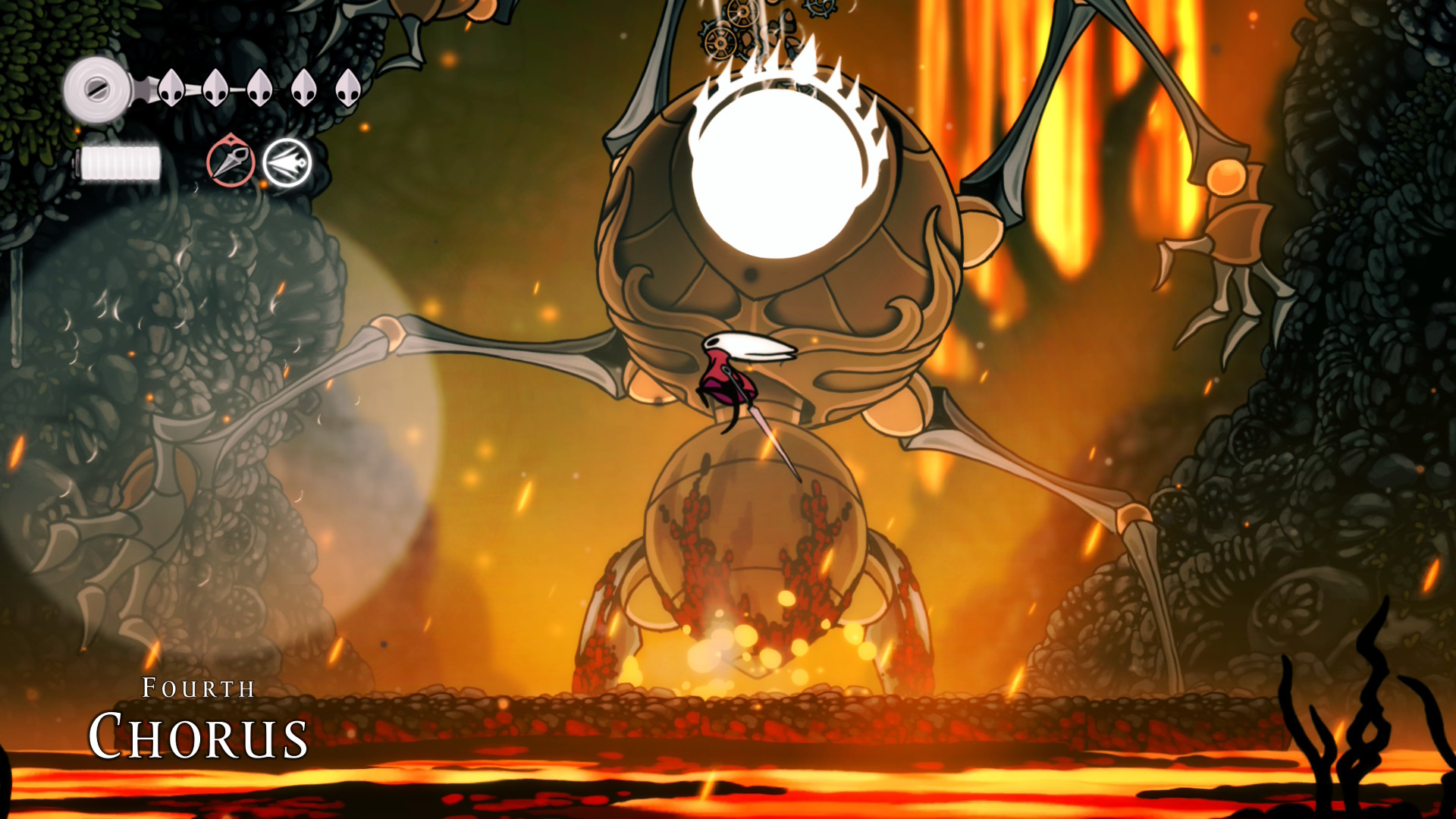 The mechanical Fourth Chorus boss in Hollow Knight: Silksong attacks as Hornet strikes at its head