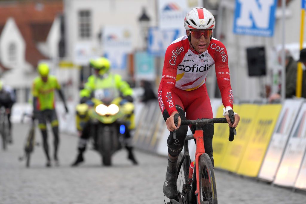NOKERE BELGIUM MARCH 17 Arrival Jelle Wallays of Belgium and Team Cofidis during the 75th Nokere Koerse Danilith Classic 2021 Mens Elite a 1955km race from Deinze to Nokere NokereKoerse on March 17 2021 in Nokere Belgium Photo by Luc ClaessenGetty Images