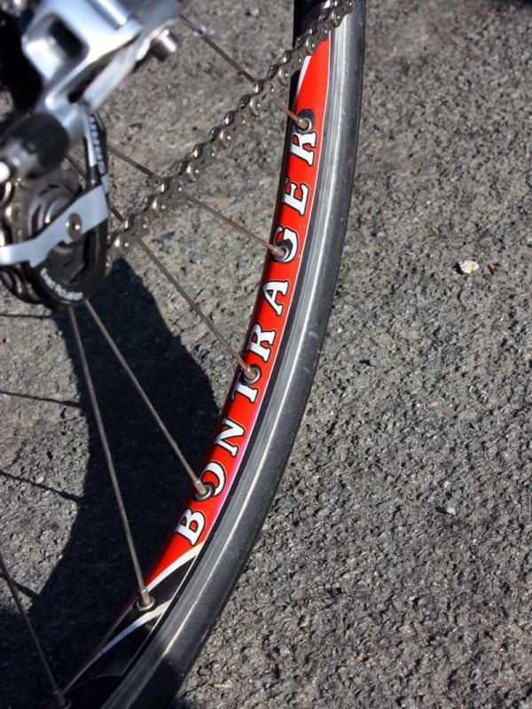 Team Radioshack's Bontrager wheels use box-section alloy tubular rims, double-butted J-bend spokes with brass nipples, and DT Swiss 240s hubs.