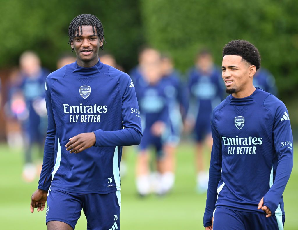 Arsenal stars Ayden Heaven and Ethan Nwaneri of Arsenal during a training session at Sobha Realty Training Centre on August 04, 2024 in London Colney, England.