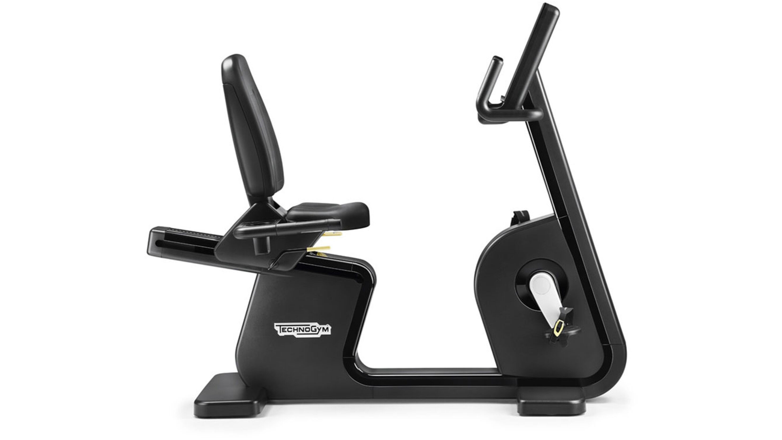 A technogym recumbent exercise bike on a white background