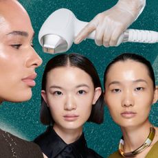 women with great skin and a skin l.aser on a green background