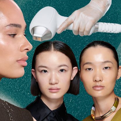 women with great skin and a skin l.aser on a green background