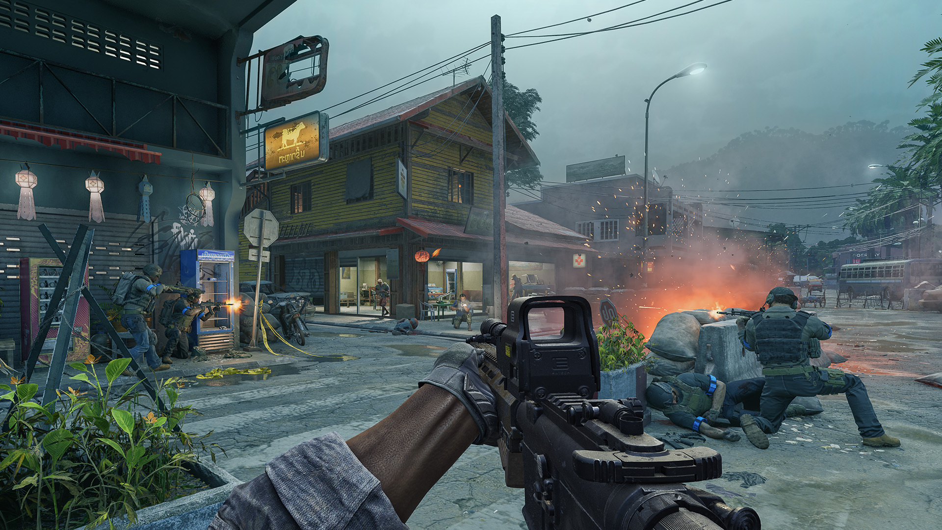 Players assault a yellow-painted building from a street in Gray Zone Warfare