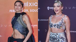 From left to right: MEXICO CITY, MEXICO - FEBRUARY 5: Zendaya poses during the photocall for the movie 'Dune: Part Two' at Four Seasons Hotel on February 5, 2024 in Mexico City, Mexico. and Florence Pugh poses during the photocall for the movie 'Dune: Part Two' at Four Seasons Hotel on February 5, 2024 in Mexico City, Mexico.