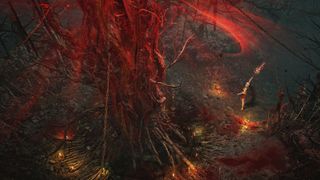 A blood red yet dead tree glows faintly in Wuchang: Fallen Feathers