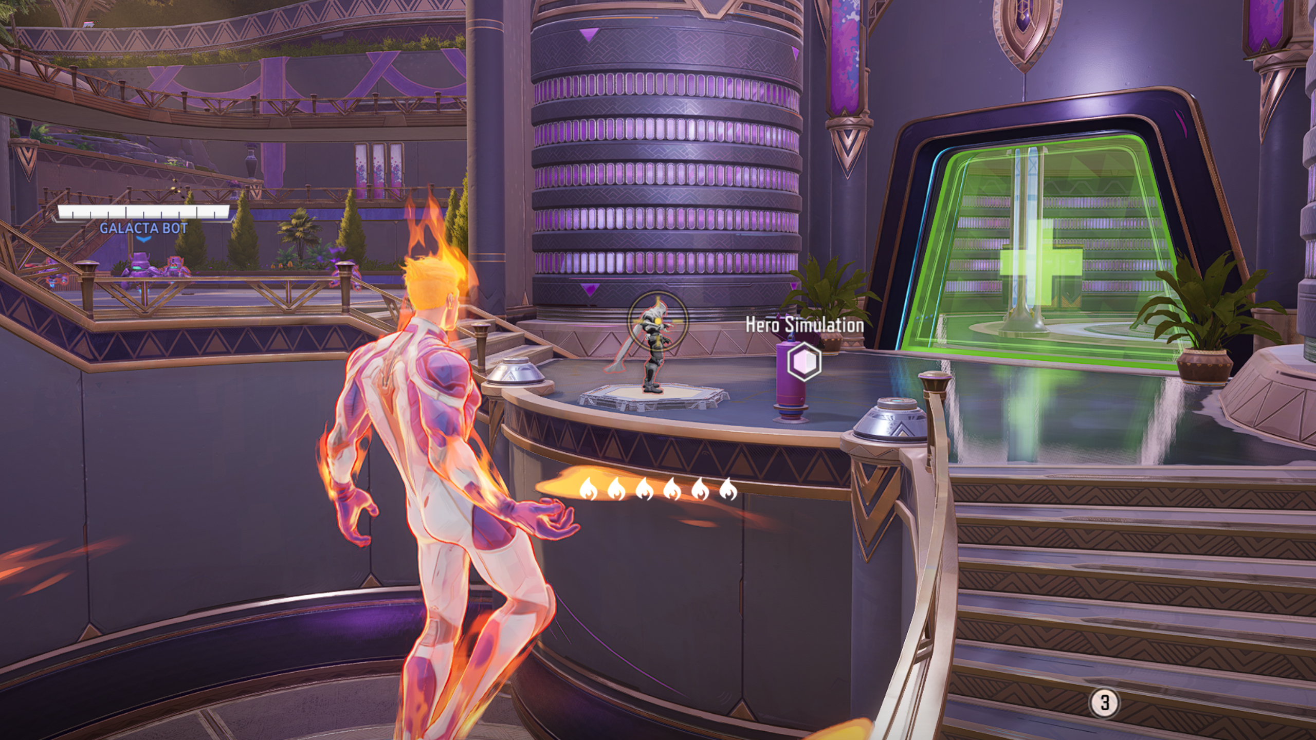 Best Marvel Rivals crosshairs - Human Torch aiming at a Moon Knight while flying in the practice range, showing off a reticle.