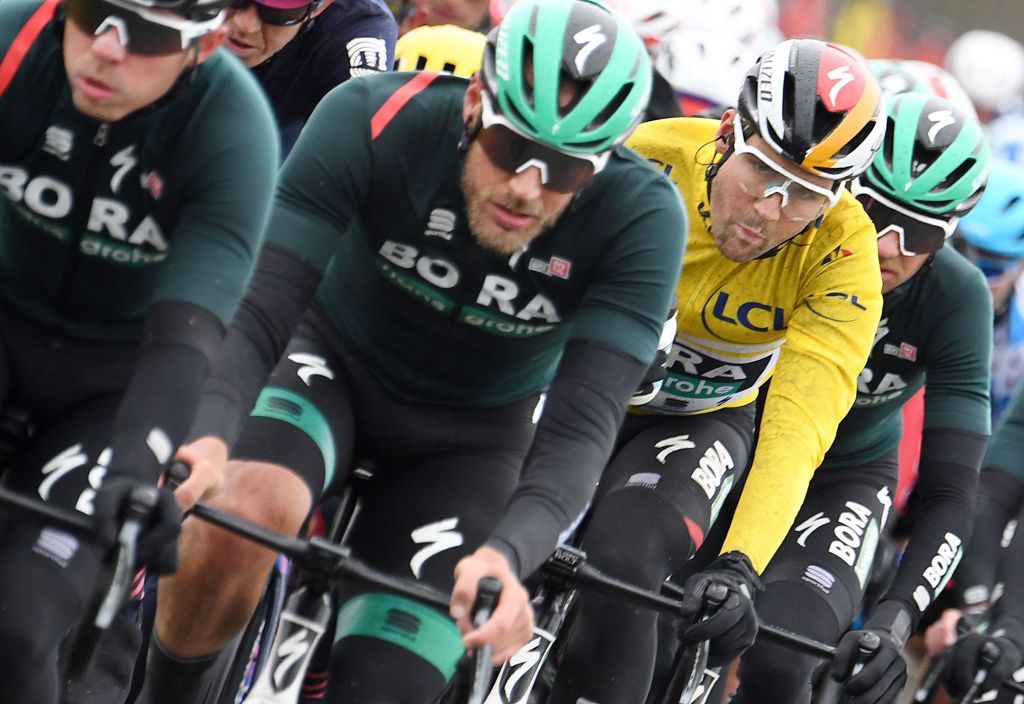 BORA hansgrohe German rider Maximilian Schachmann 2ndR overall leader yellow jersey rides with peloton during the 2125 km 3rd stage of the 78th Paris Nice cycling race stage between ChalettesurLoing and La Chatre on March 10 2020 Photo by Alain JOCARD AFP Photo by ALAIN JOCARDAFP via Getty Images