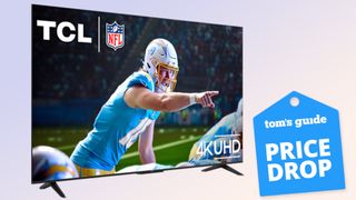 The TCL S5 LED TV displaying a scene in which a football quarterback calling a play. Next to the TV is a floating badge that reads: "Tom's Guide Price Drop"