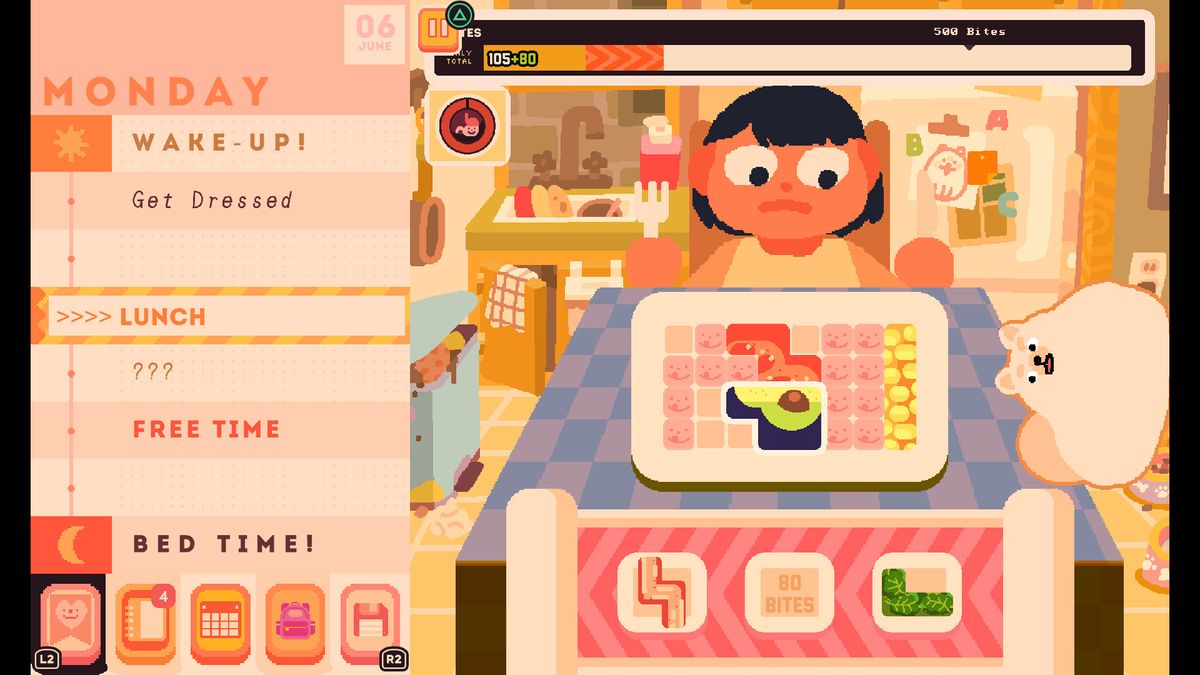 Consume Me; screens from a stylised cartoon video game