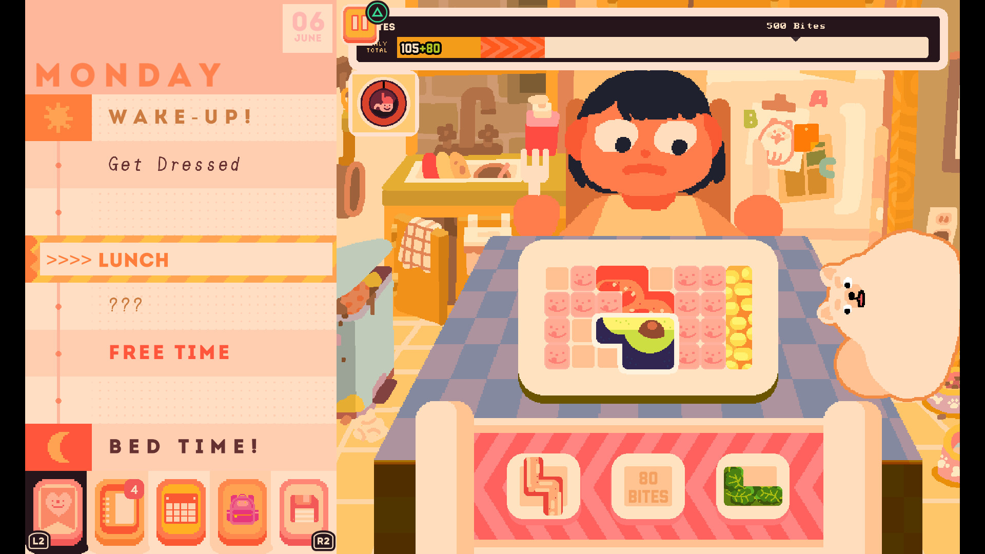 Consume Me; screens from a stylised cartoon video game