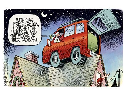 Editorial cartoon low gas prices Santa