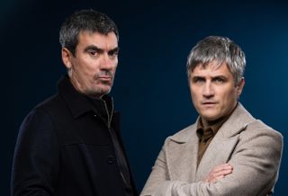 Will Ash as Caleb Miligan and Jeff Hordley as Cain Dingle in Emmerdale