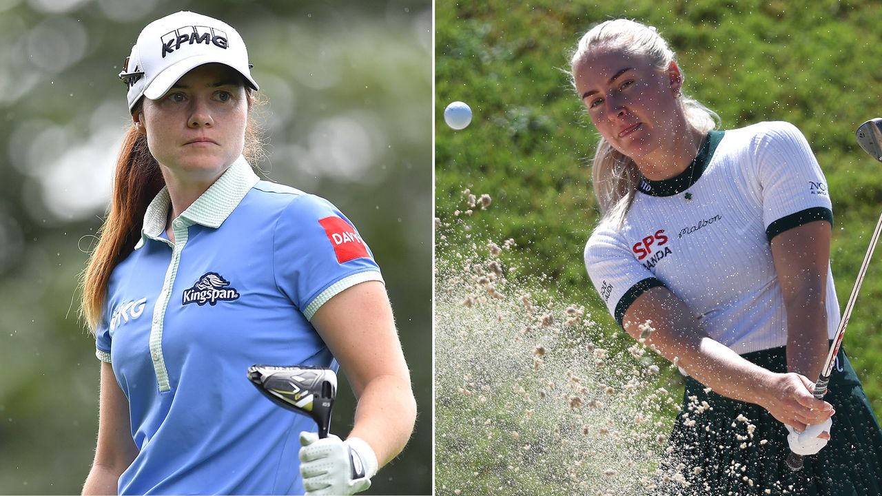 Leona Maguire watches her tee shot, whilst Charley Hull hits a bunker shot