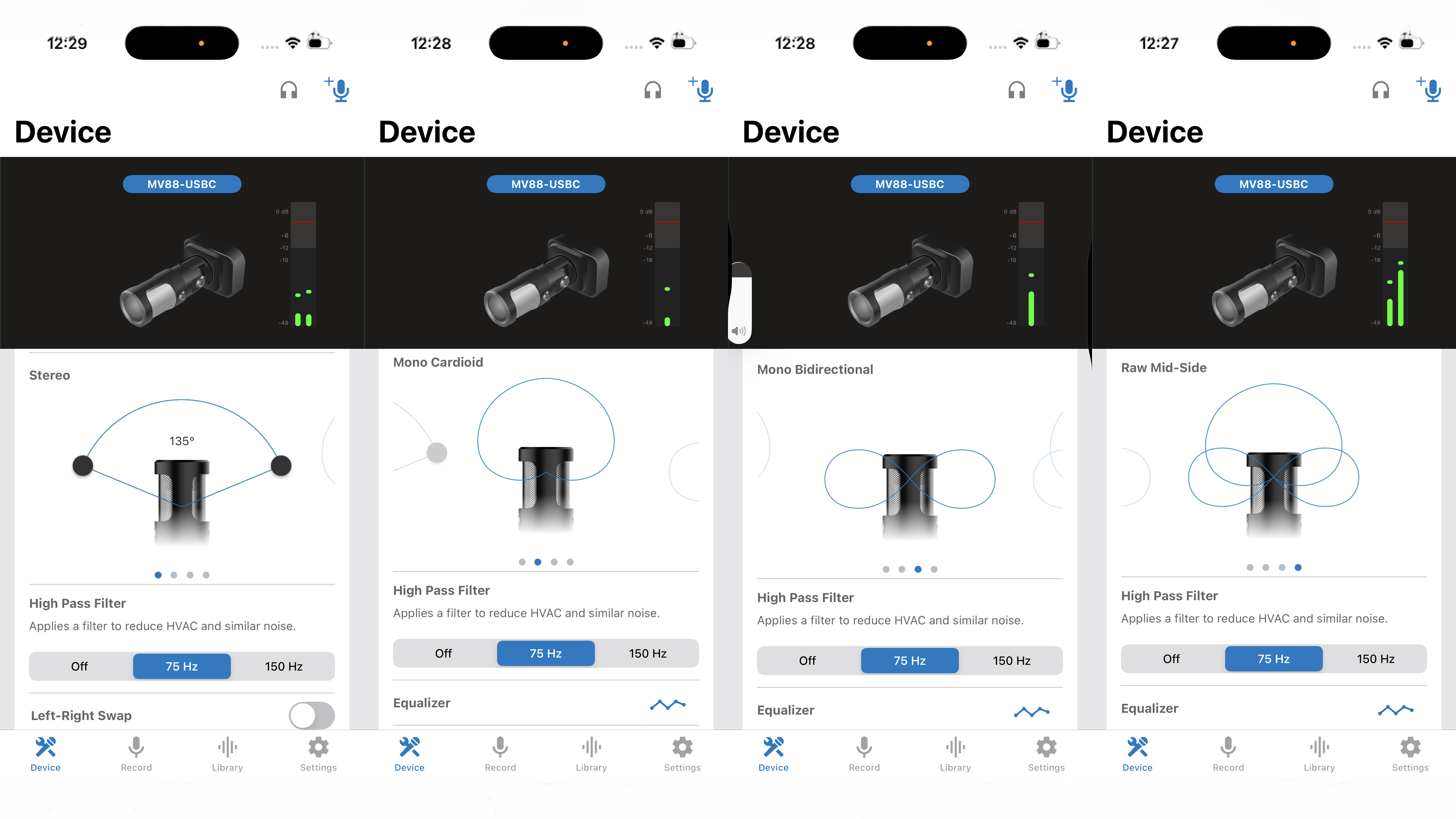 Four screen shots of the MOTIV Audio app showing the four polar pattern options - Adjustable stereo (60 - 135 degrees), Mono cardioid, Mono bi-directional, Raw mid-side