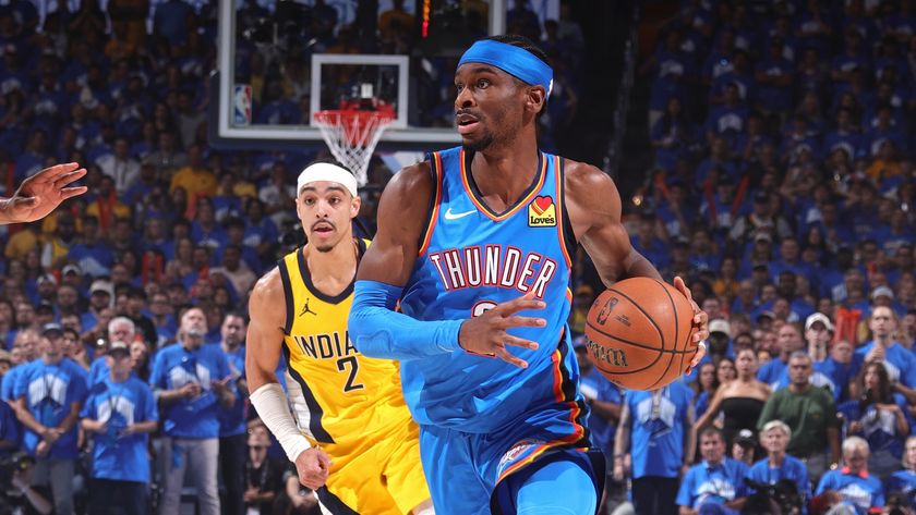 Shai Gilgeous-Alexander of the Oklahoma City Thunder handling the ball in Game 7 of the 2025 NBA Finals against the Indiana Pacers