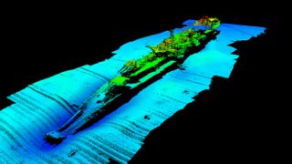 The discoverers say the shipwreck of the Karlsruhe is lying upright on its keel beneath about 490 metres ( 1600 feet) of seawater near Norway's southern coast.