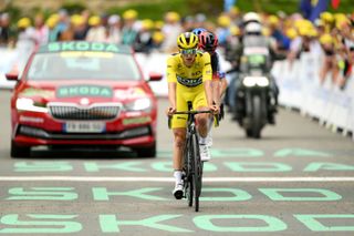 CAUTERETSCAMBASQUE FRANCE JULY 06 Jai Hindley of Australia and Team BORAHansgrohe Yellow Leader Jersey crosses the finish line during the stage six of the 110th Tour de France 2023 a 1449km stage from Tarbes to CauteretsCambasque 1355m UCIWT on July 06 2023 in CauteretsCambasque France Photo by David RamosGetty Images