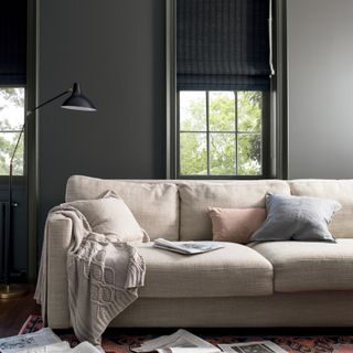 grey living room with sofa, floor lamp and window