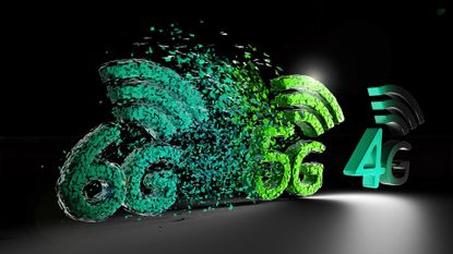 CGI letters reading 4G, 5G, 6G, with network symbols above on a dark backdrop. The 6G and 5G symbols are splintered to show fragmented rollout and uptake.